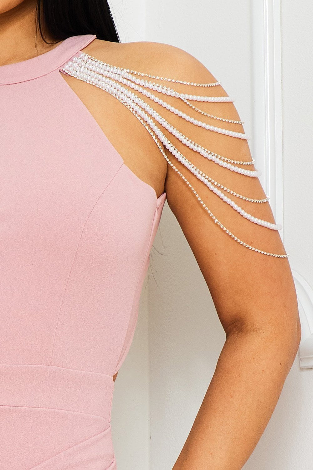 Rhinestone Chain Dress – Halter Neck Maxi Gown With Pleated Side Detail BOUTINIE