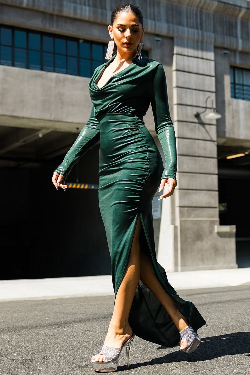 Metallic Foil Maxi Dress – Slit Side, Formal Evening Wear BOUTINIE