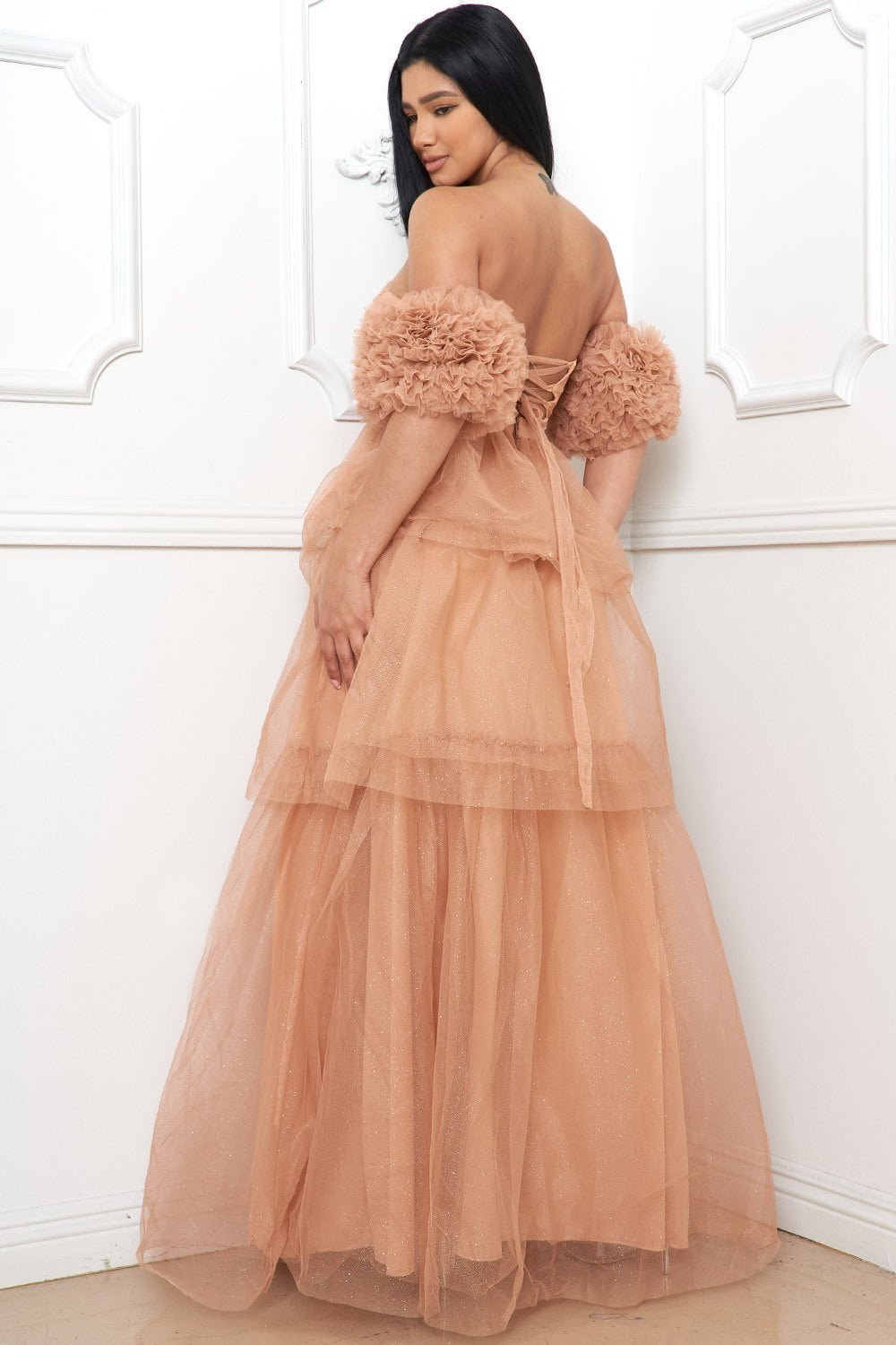 Mesh Ruffle Maxi Dress | Layered Bottom & Ladder Lace Back BOUTINIE