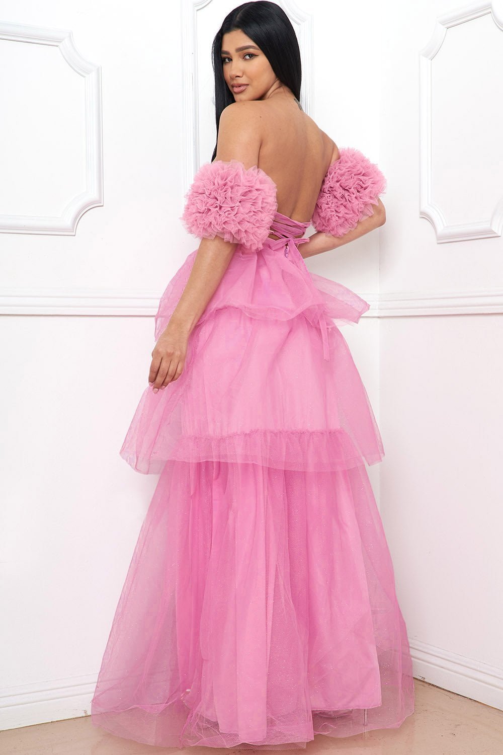 Mesh Ruffle Maxi Dress | Layered Bottom & Ladder Lace Back BOUTINIE