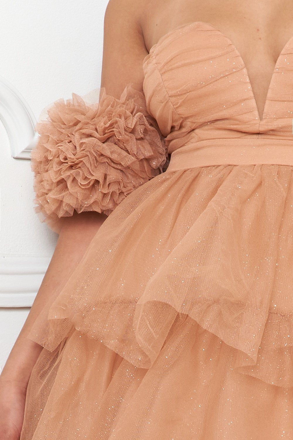 Mesh Ruffle Maxi Dress | Layered Bottom & Ladder Lace Back BOUTINIE