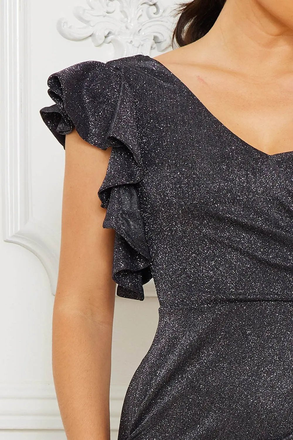 Glittered Maxi Dress – Open Slit One Shoulder Party Gown BOUTINIE