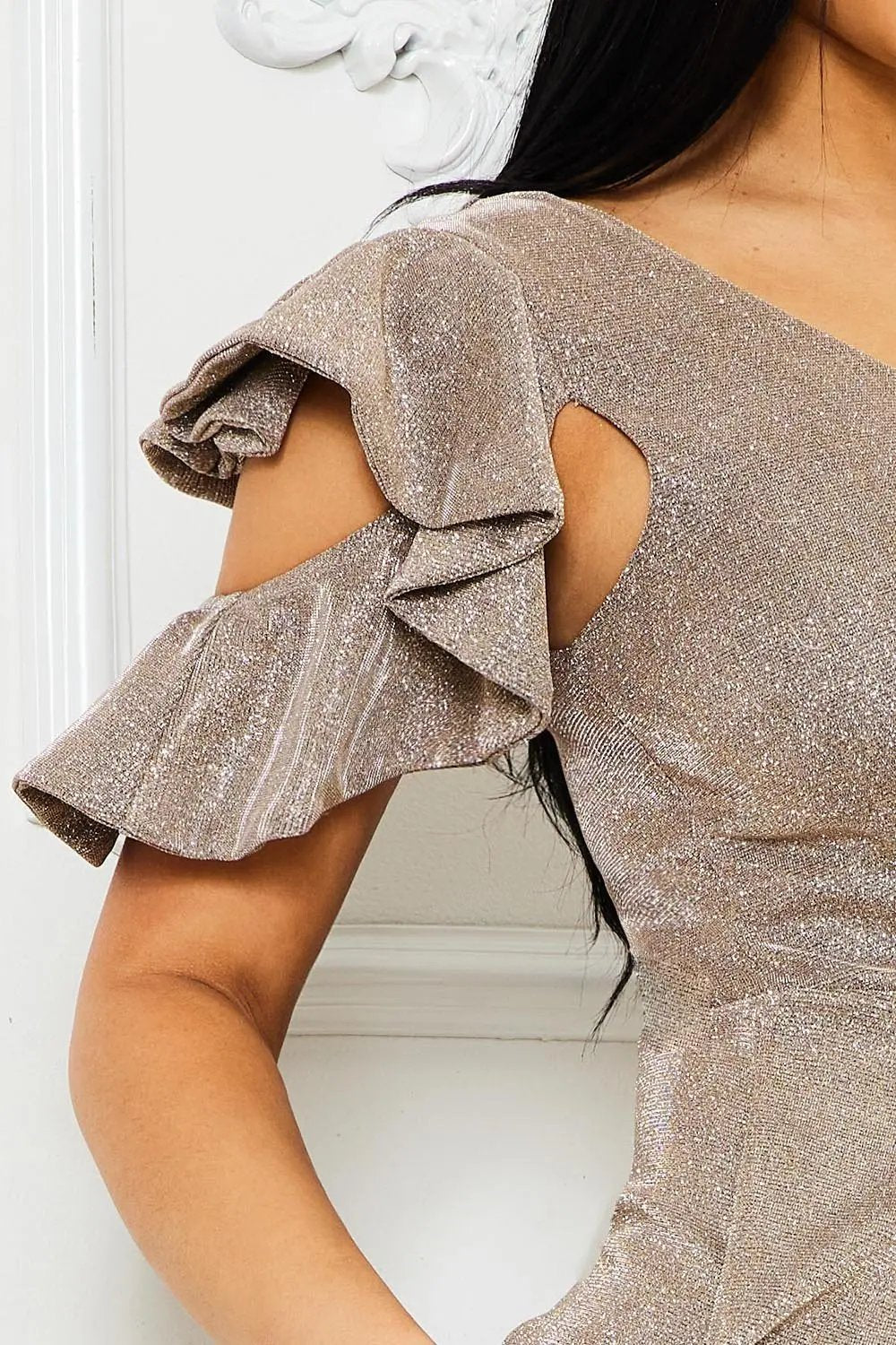 Glittered Maxi Dress – Open Slit One Shoulder Party Gown BOUTINIE