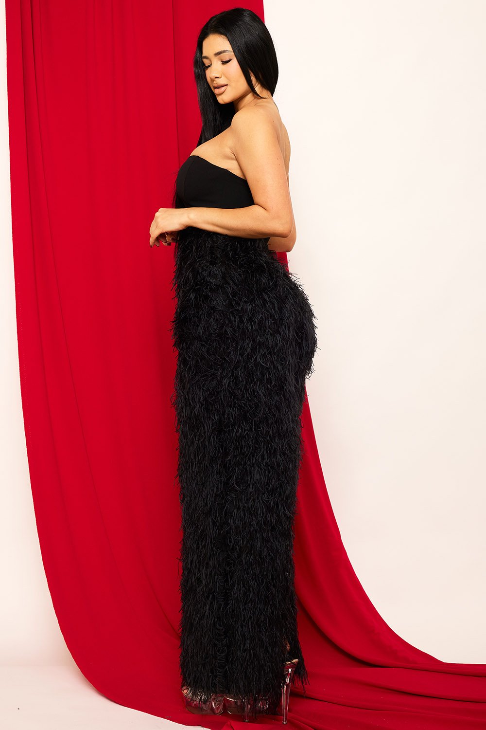 Faux Fur Maxi Dress – Tube Top Zipper Back Evening Gown BOUTINIE