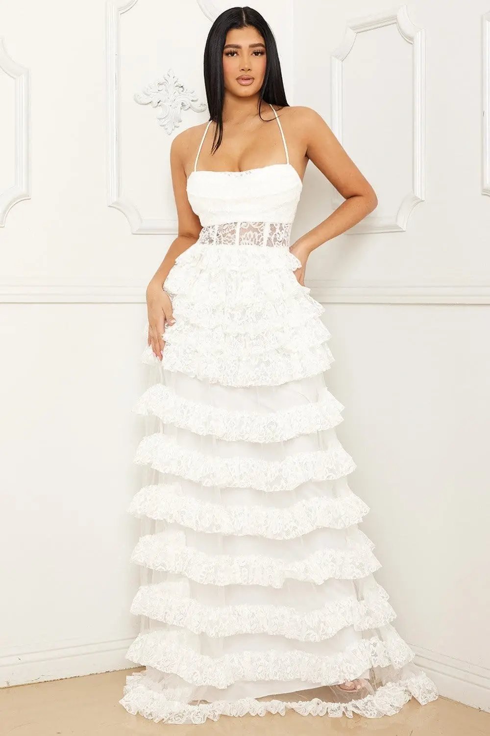 Ruffle Lace Maxi Dress - Adjustable Spaghetti Strap & Sheer Bustier BOUTINIE