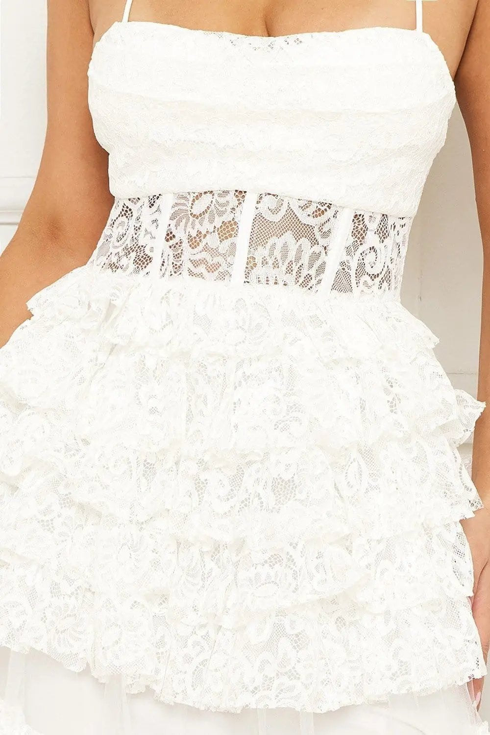 Ruffle Lace Maxi Dress - Adjustable Spaghetti Strap & Sheer Bustier BOUTINIE