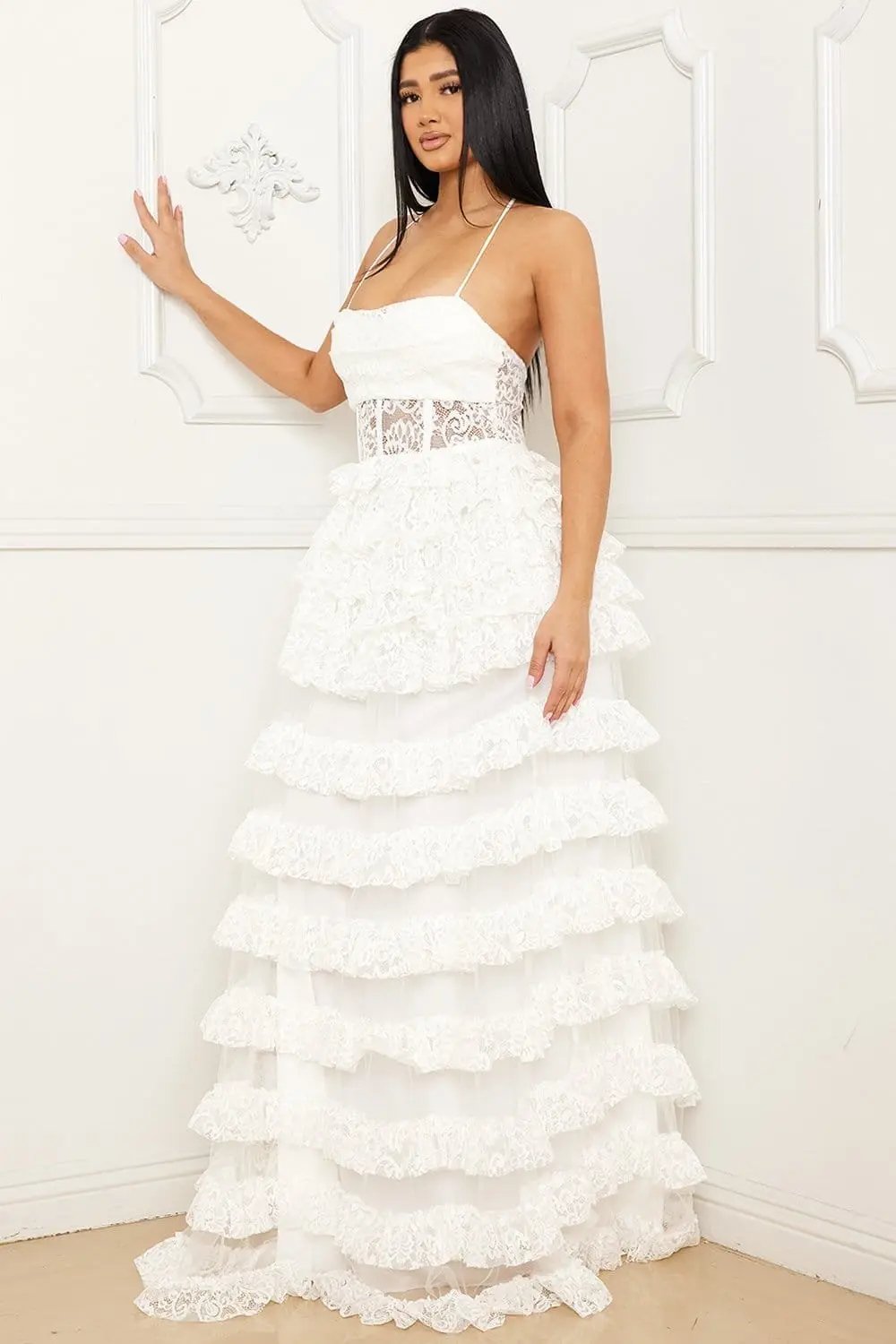 Ruffle Lace Maxi Dress - Adjustable Spaghetti Strap & Sheer Bustier BOUTINIE