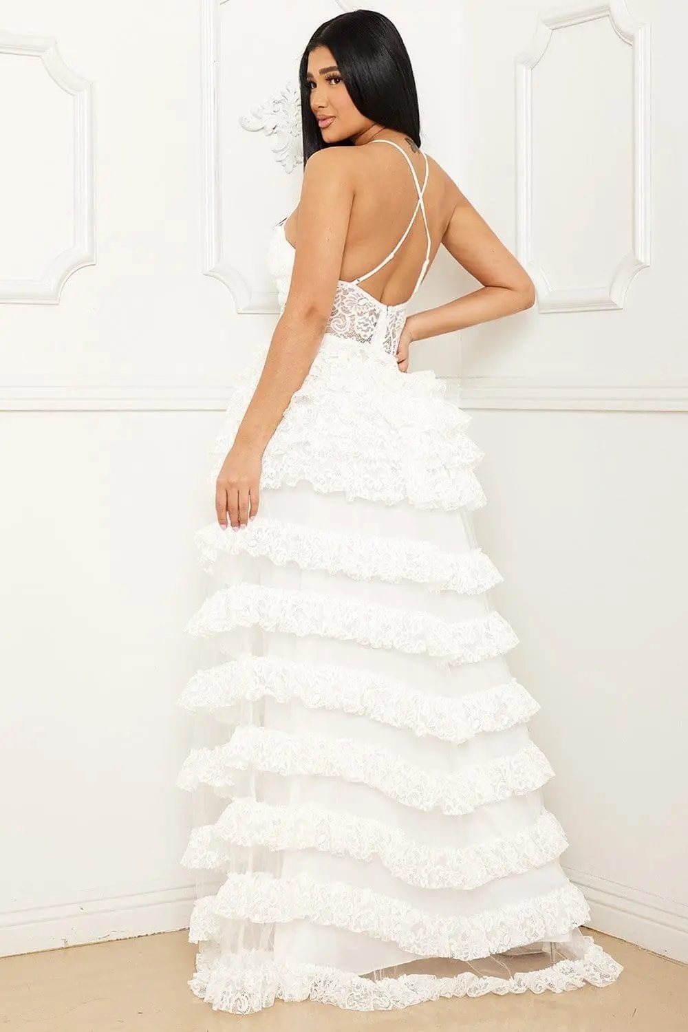 Ruffle Lace Maxi Dress - Adjustable Spaghetti Strap & Sheer Bustier BOUTINIE