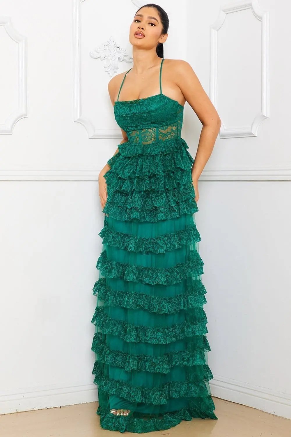 Ruffle Lace Maxi Dress - Adjustable Spaghetti Strap & Sheer Bustier BOUTINIE