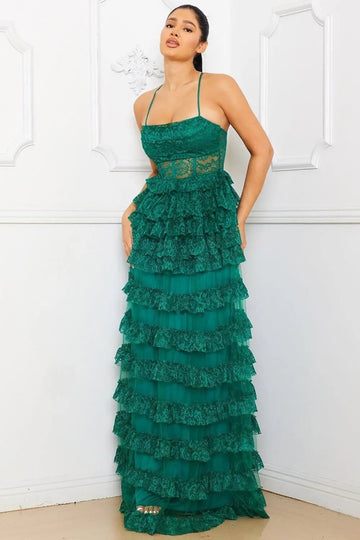 Ruffle Lace Maxi Dress - Adjustable Spaghetti Strap & Sheer Bustier BOUTINIE