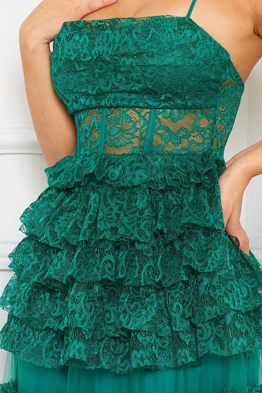 Ruffle Lace Maxi Dress - Adjustable Spaghetti Strap & Sheer Bustier BOUTINIE