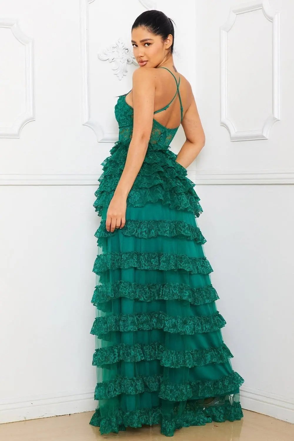 Ruffle Lace Maxi Dress - Adjustable Spaghetti Strap & Sheer Bustier BOUTINIE