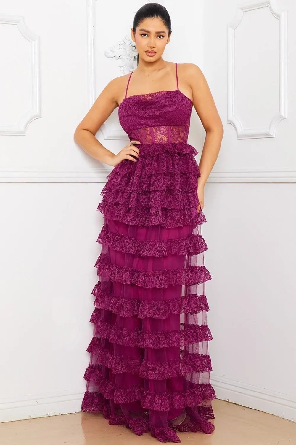 Ruffle Lace Maxi Dress - Adjustable Spaghetti Strap & Sheer Bustier BOUTINIE