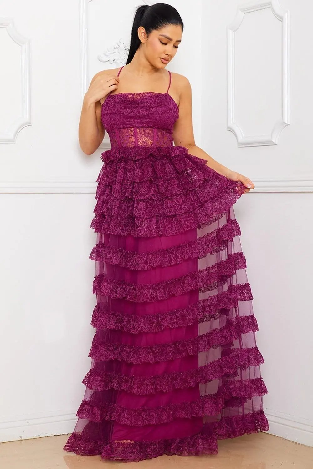 Ruffle Lace Maxi Dress - Adjustable Spaghetti Strap & Sheer Bustier BOUTINIE