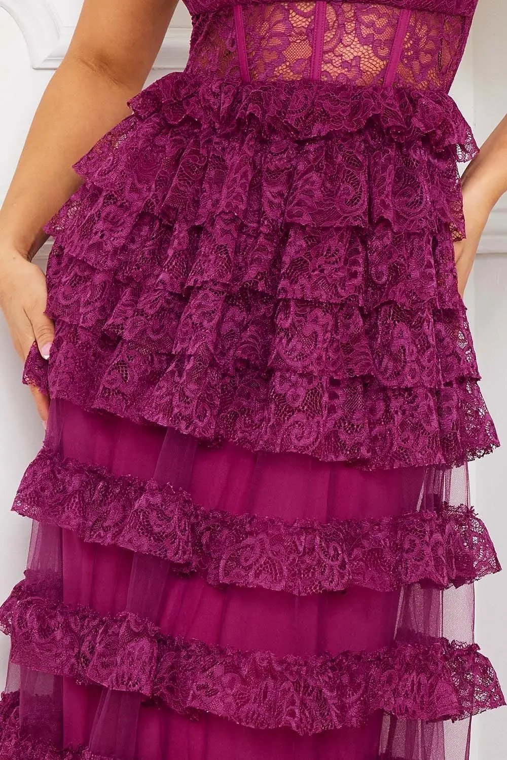 Ruffle Lace Maxi Dress - Adjustable Spaghetti Strap & Sheer Bustier BOUTINIE