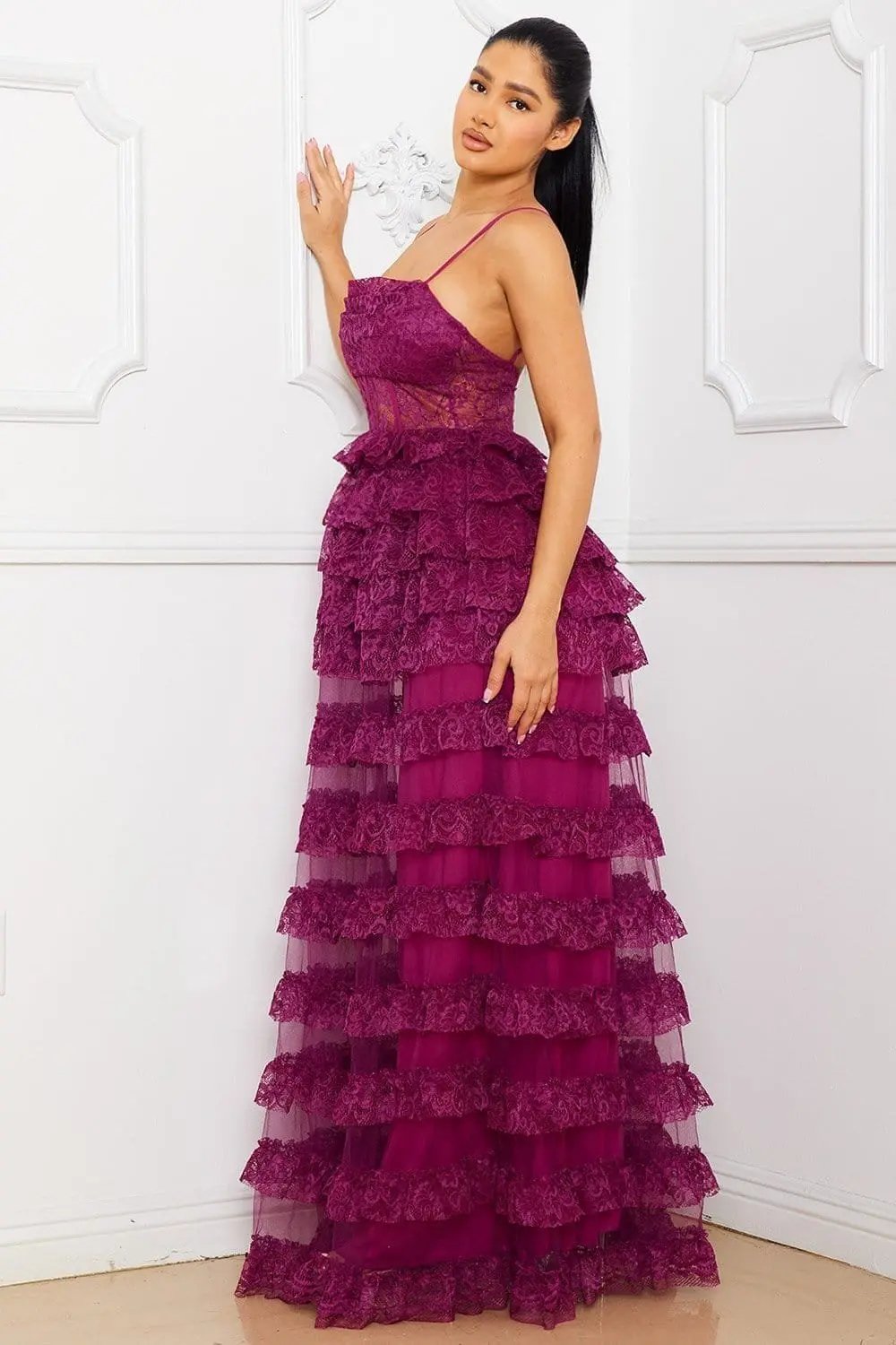 Ruffle Lace Maxi Dress - Adjustable Spaghetti Strap & Sheer Bustier BOUTINIE