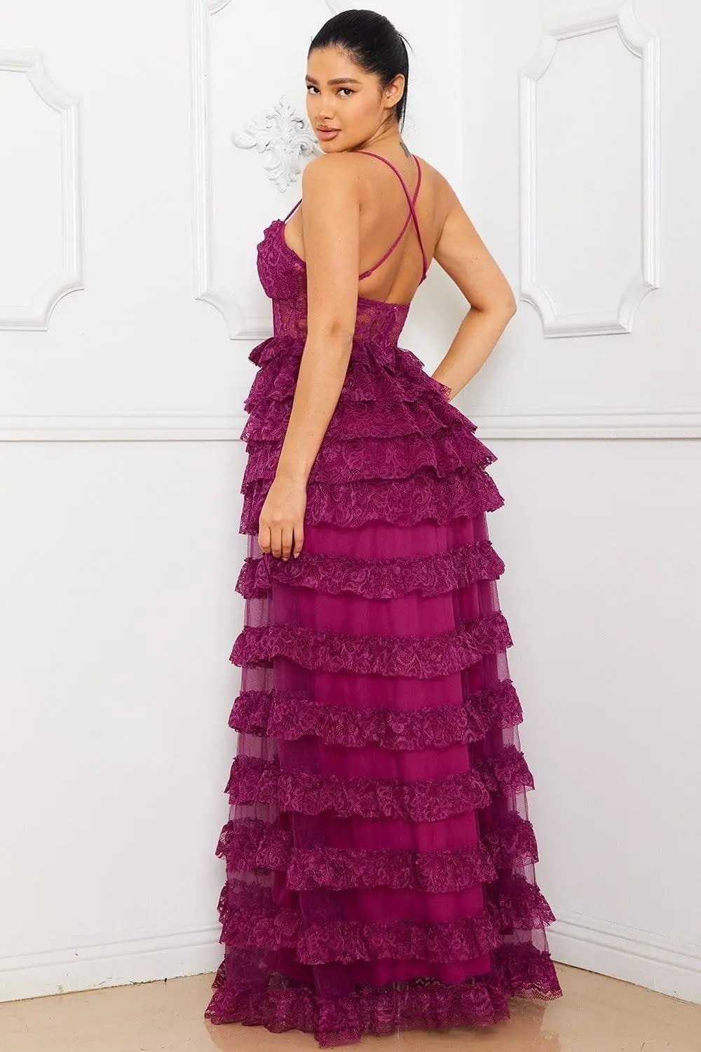 Ruffle Lace Maxi Dress - Adjustable Spaghetti Strap & Sheer Bustier BOUTINIE