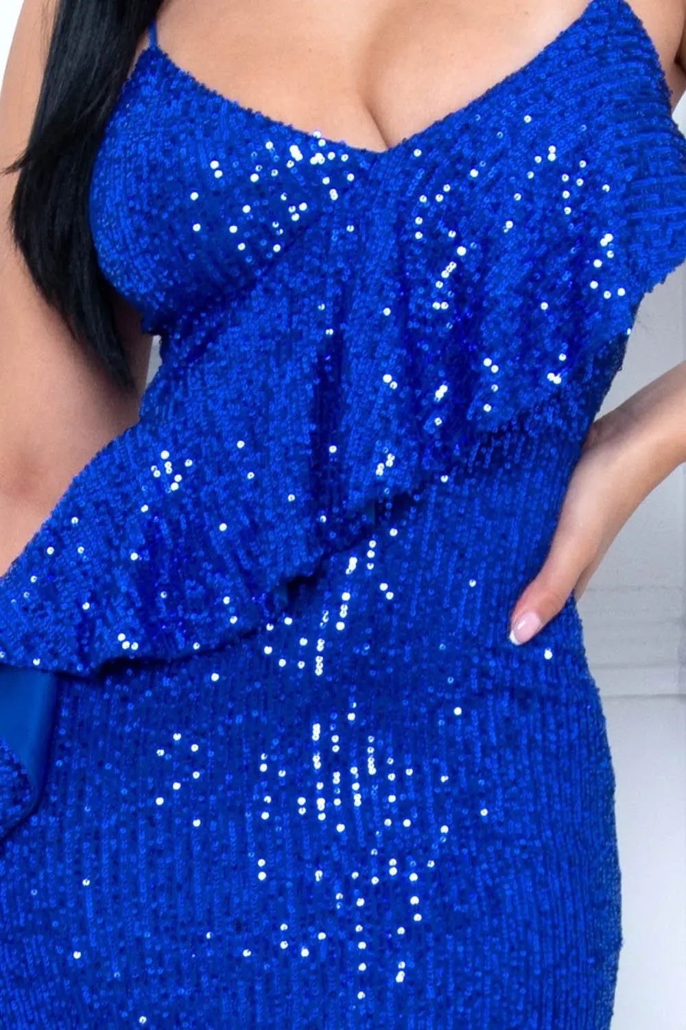 Sequin Ruffle Maxi Dress – Adjustable Strap Evening Gown BOUTINIE