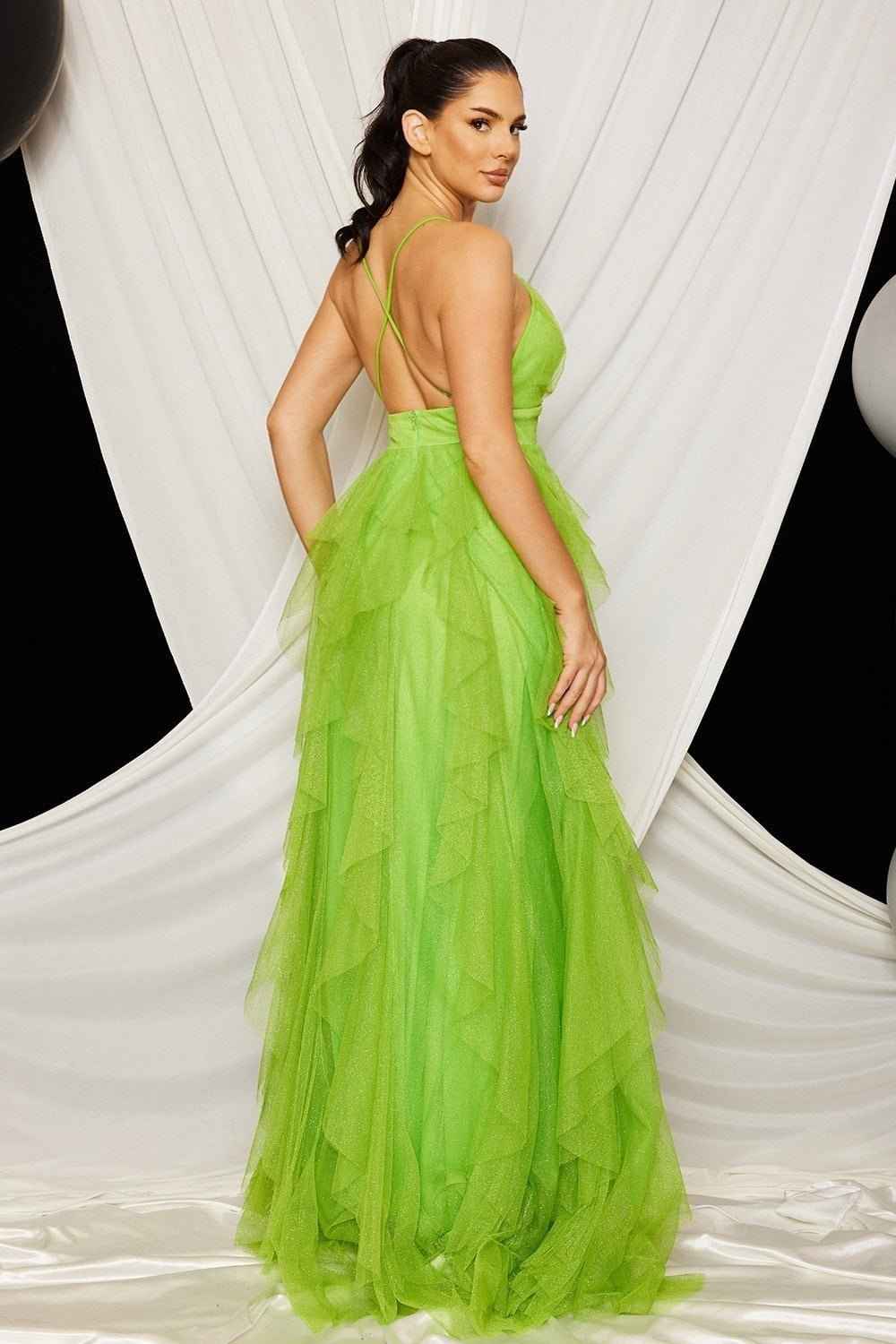 Mesh Ruffle Cami Neck Maxi Dress
