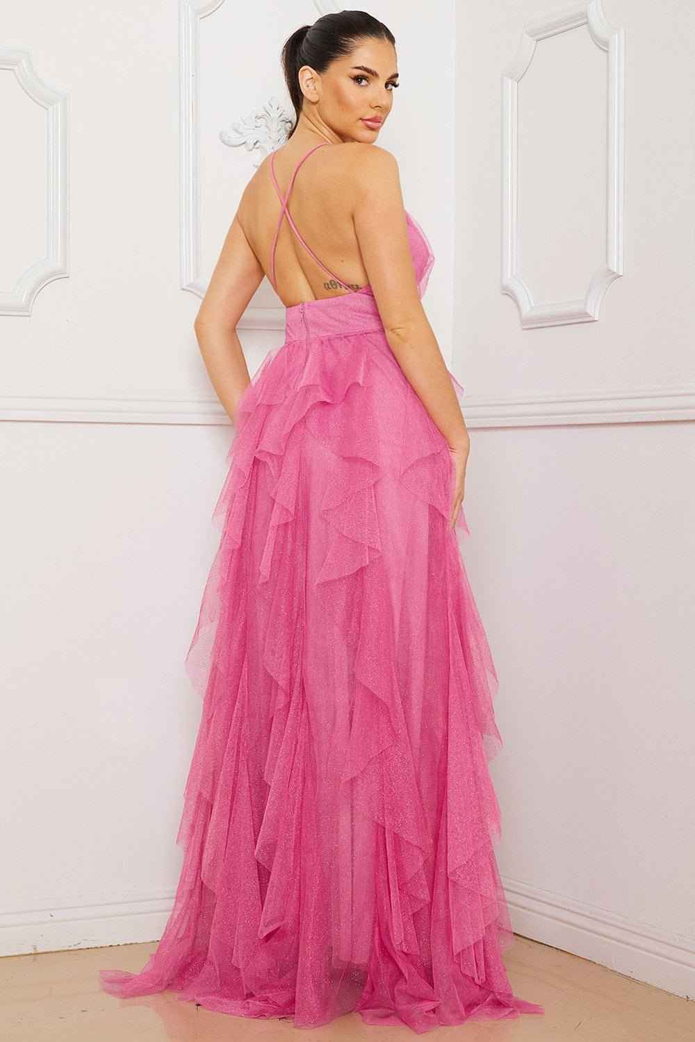 Mesh Ruffle Cami Neck Maxi Dress