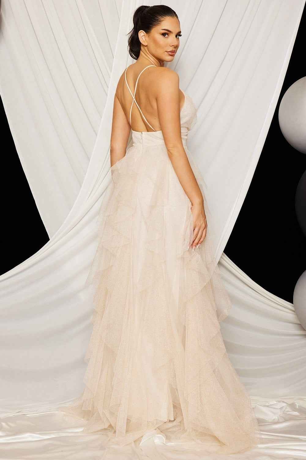 Mesh Ruffle Cami Neck Maxi Dress