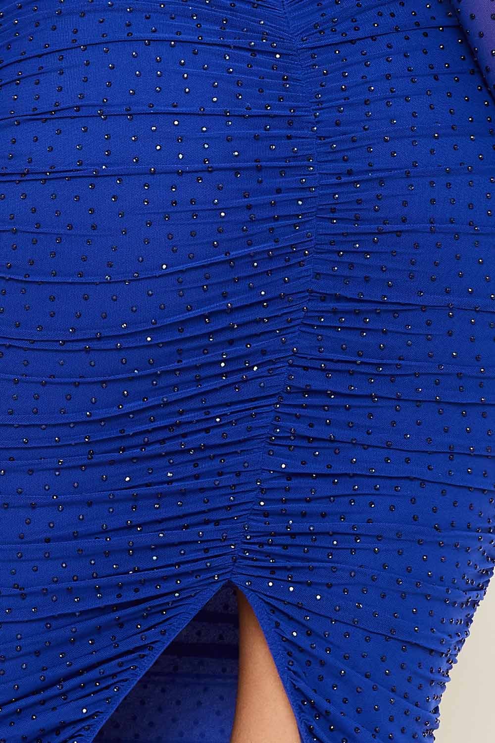 Rhinestone Mesh Dress - Pleated Long Sleeve Gown With Slit BOUTINIE