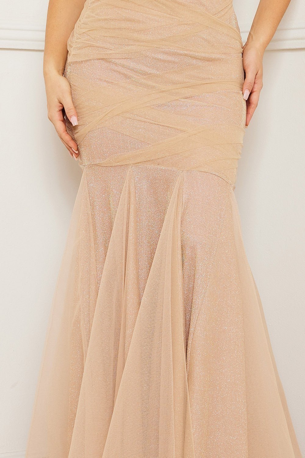 Mermaid Maxi Dress - Shimmer Mesh Pleated Gown With Ruffle Hem BOUTINIE