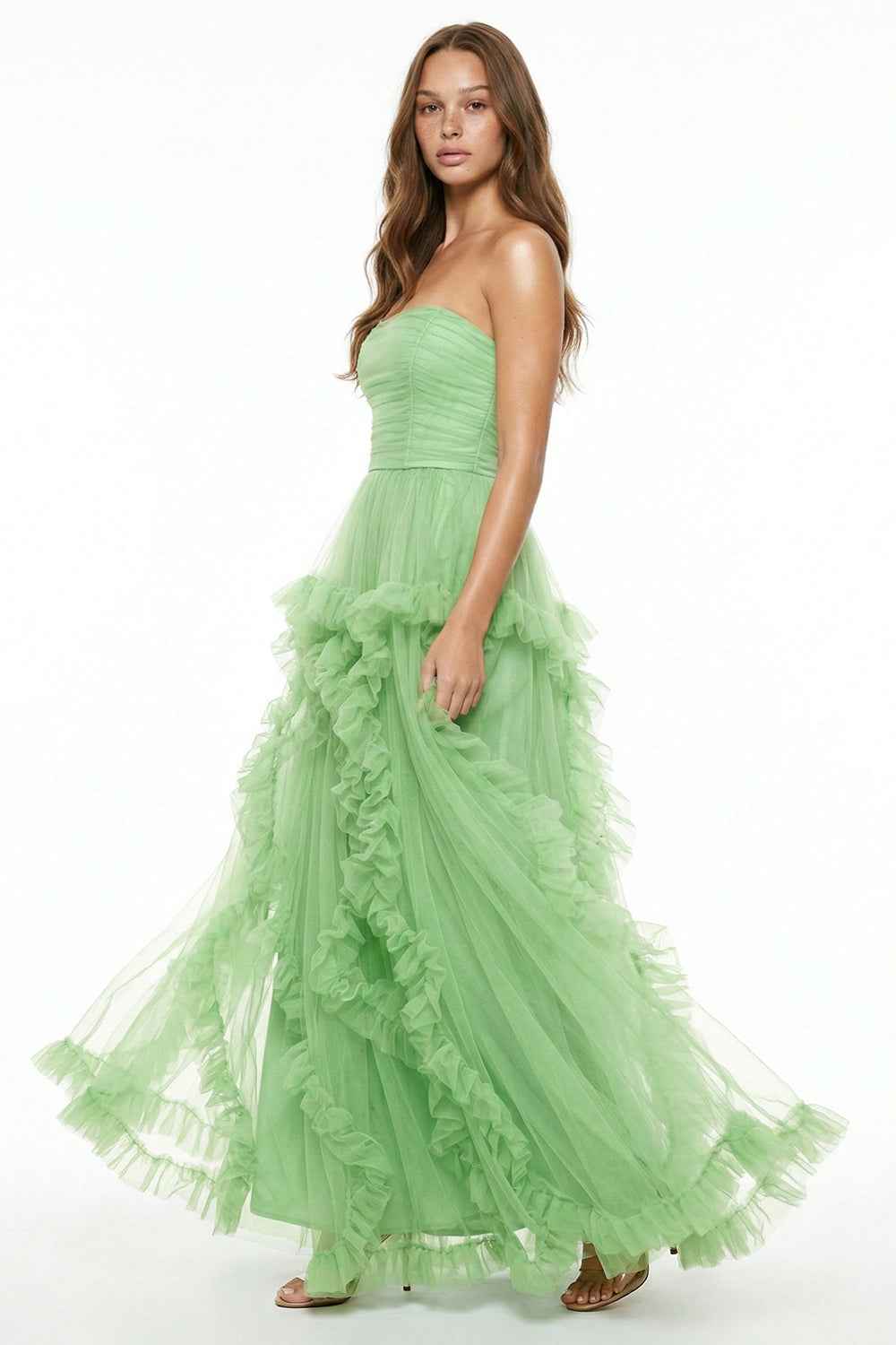 Mesh Ruffle Drapped Maxi Dress