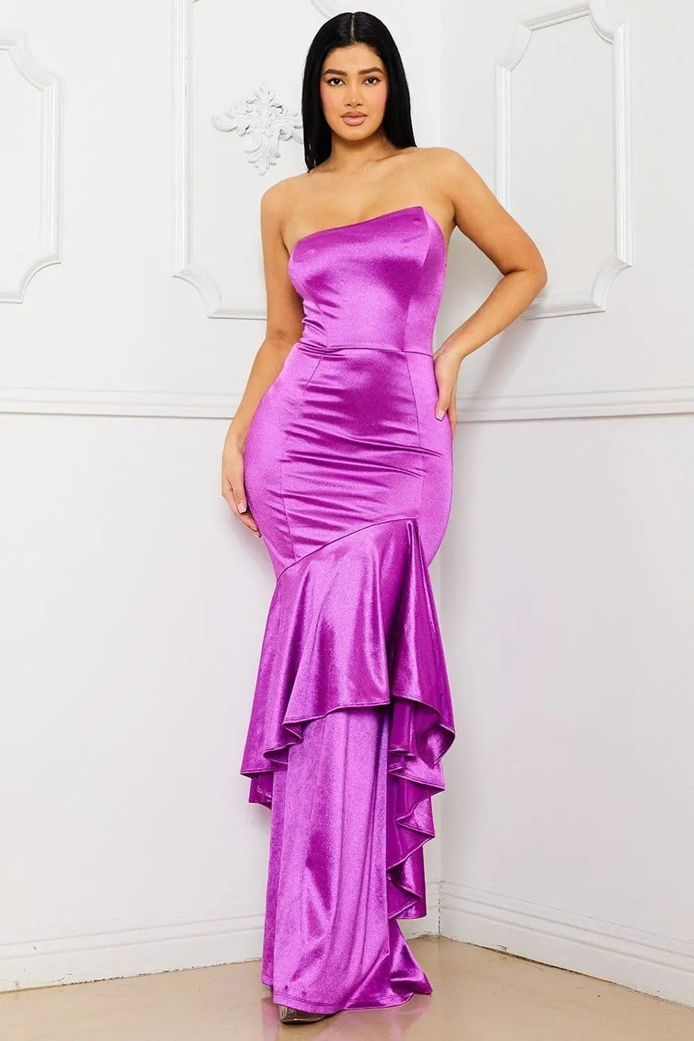 Satin Mermaid Dress - Asymmetrical Maxi Gown With Ruffle Hem BOUTINIE