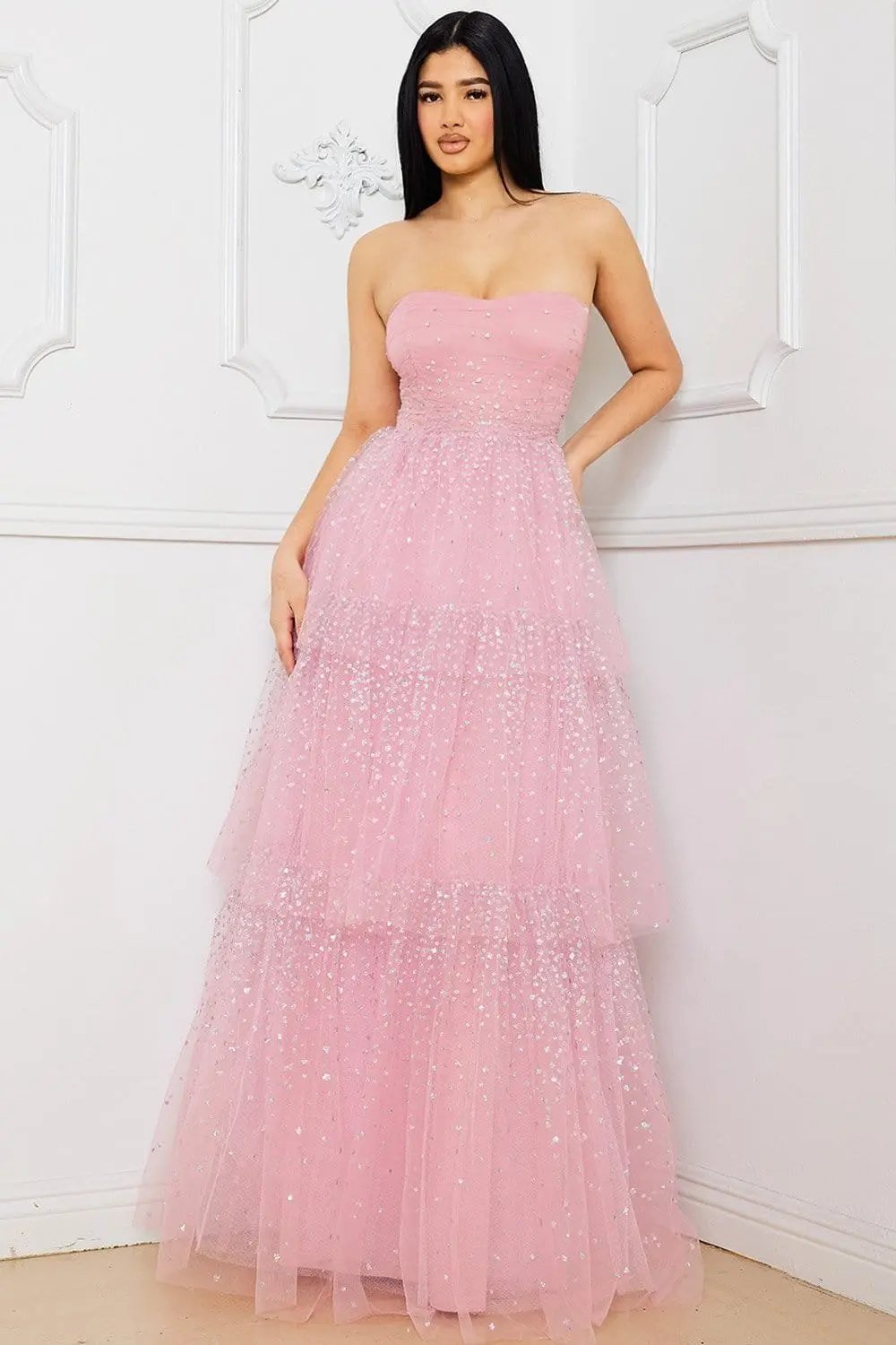 Glitter Dotted Maxi Dress With Sweetheart Neck & Layers BOUTINIE