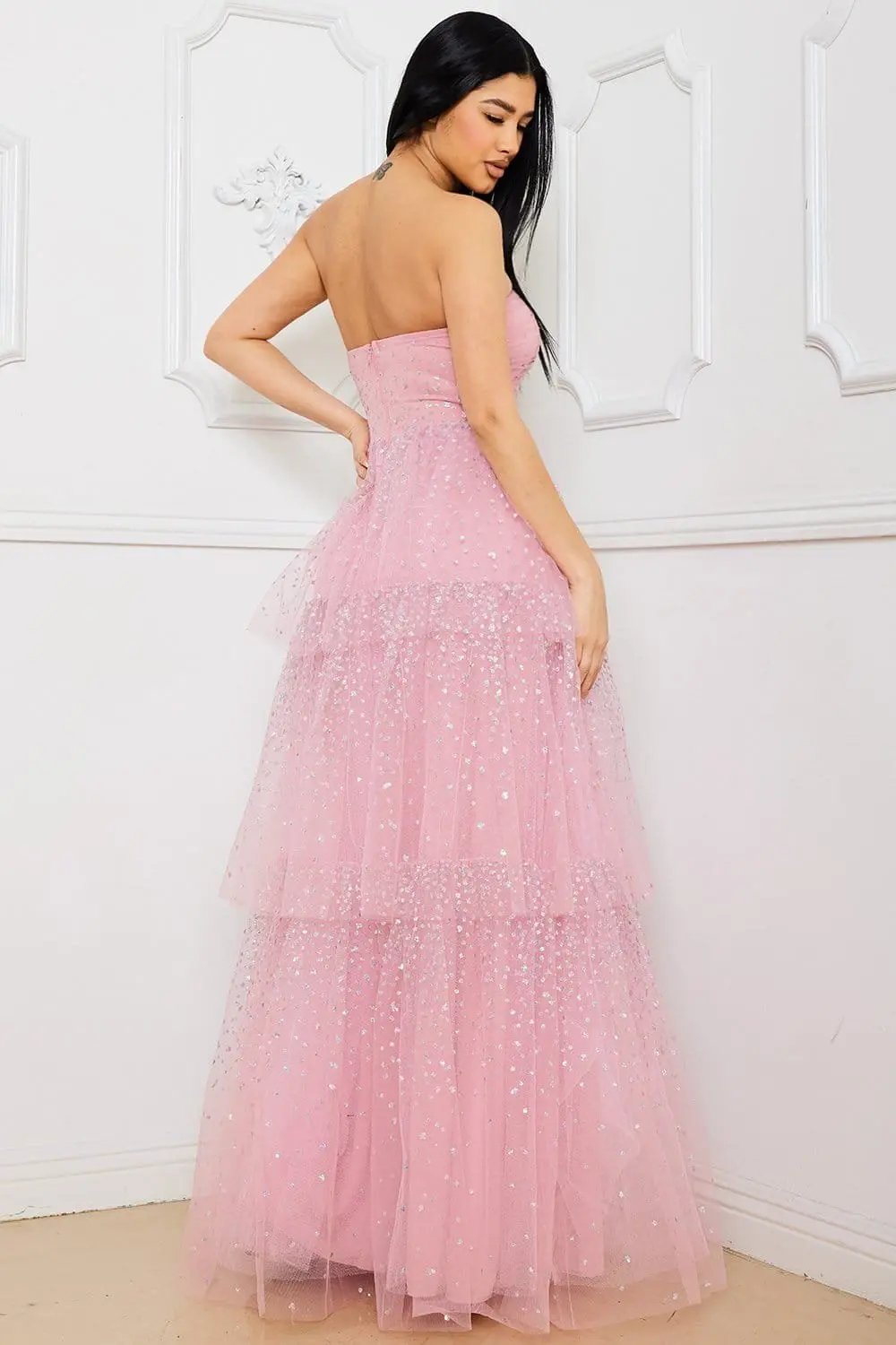 Glitter Dotted Maxi Dress With Sweetheart Neck & Layers BOUTINIE