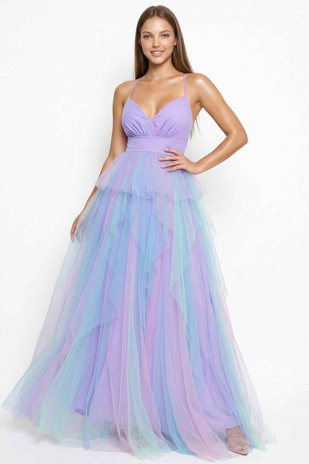 Two Tone Mesh Ruffle Prom Dress