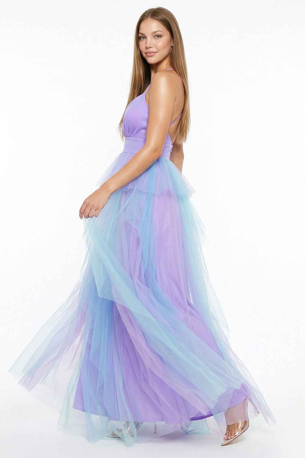 Two Tone Mesh Ruffle Prom Dress