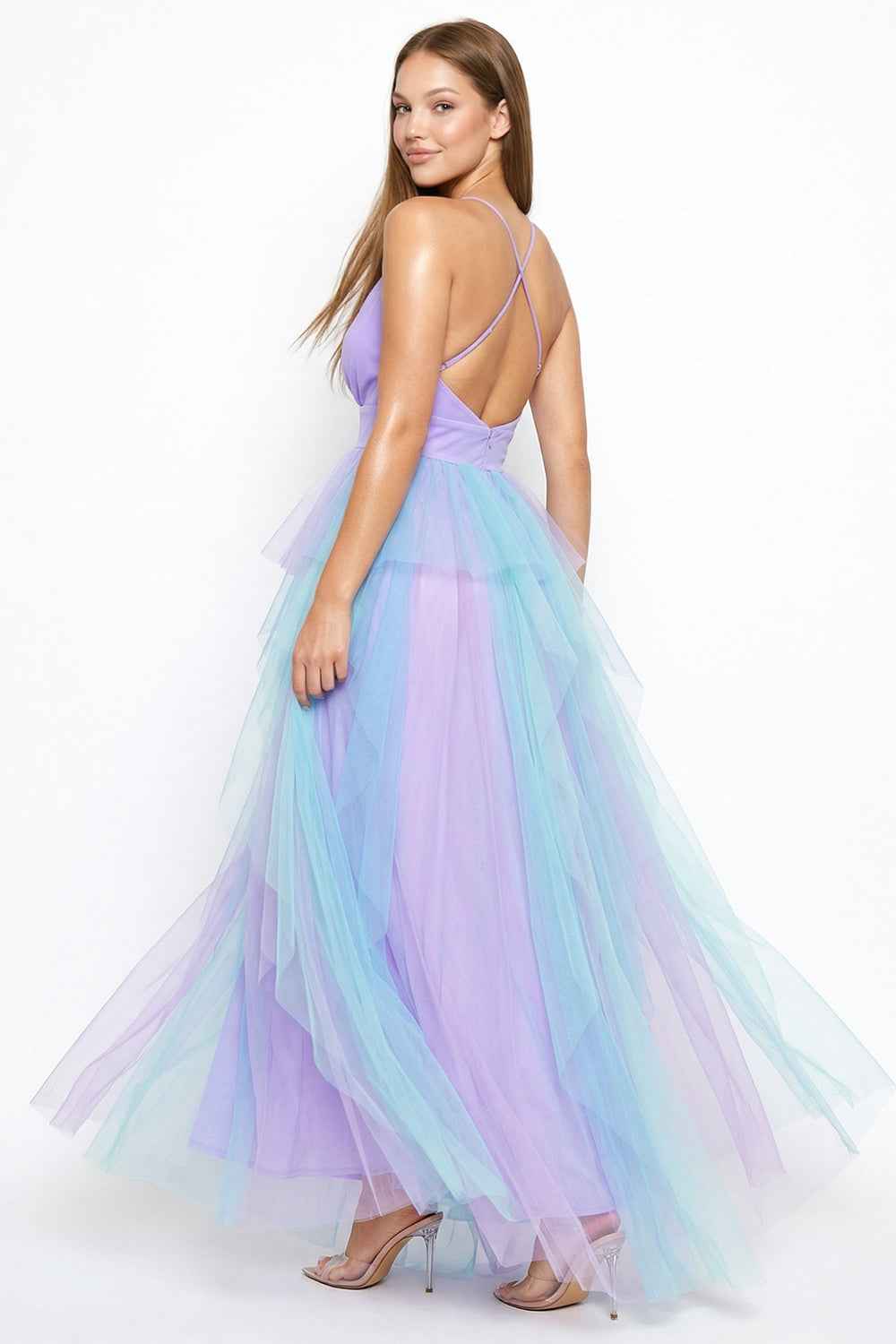 Two Tone Mesh Ruffle Prom Dress