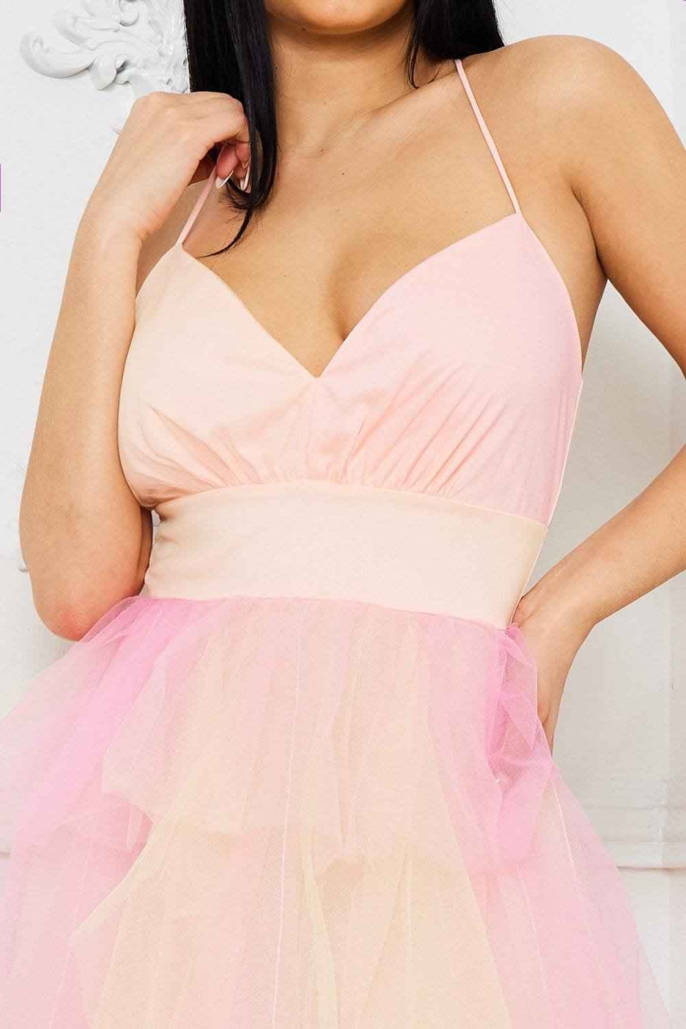 Two Tone Mesh Ruffle Prom Dress