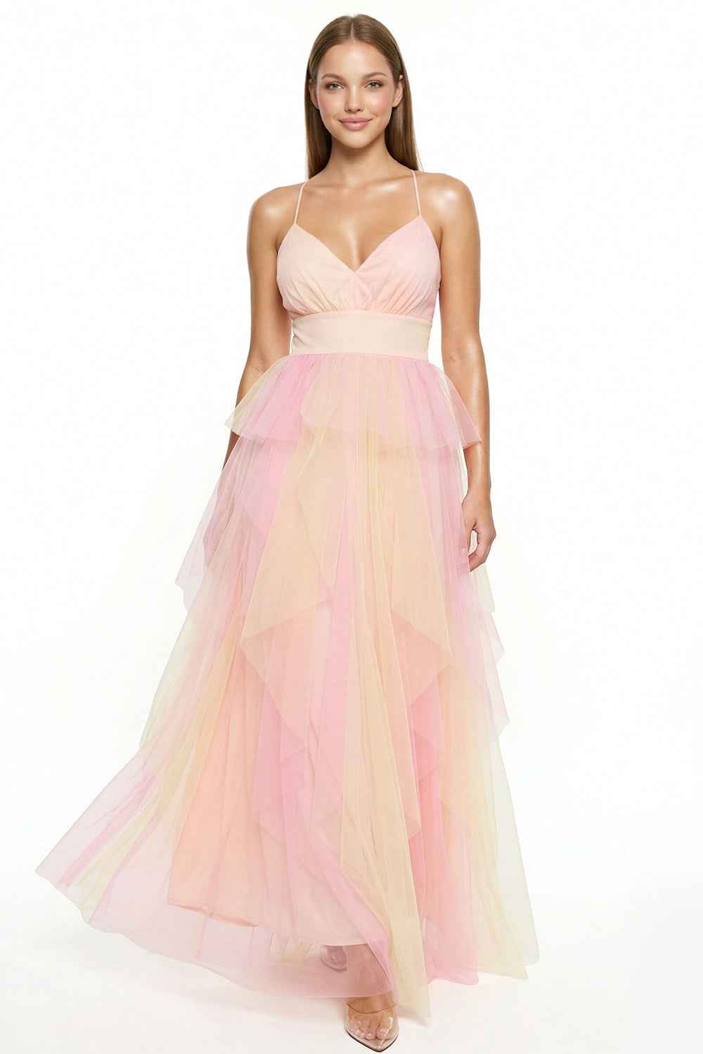 Two Tone Mesh Ruffle Prom Dress