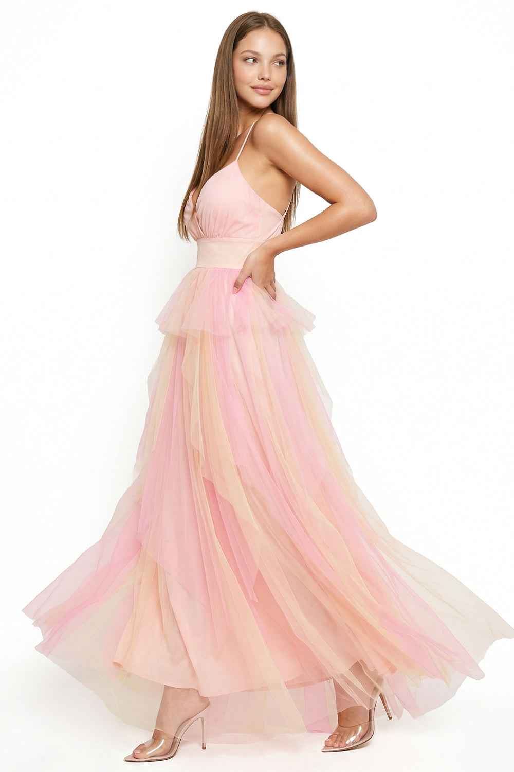Two Tone Mesh Ruffle Prom Dress