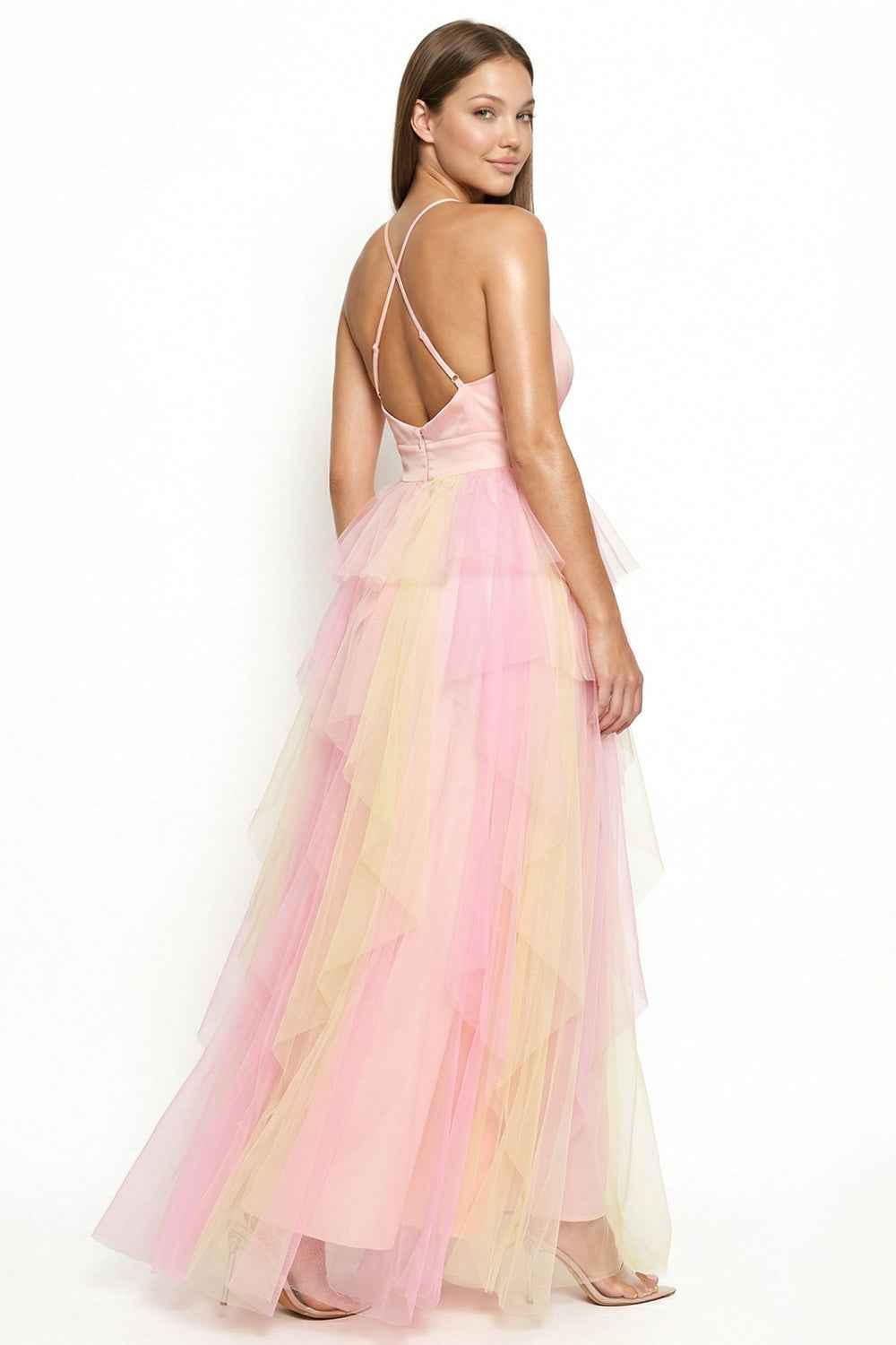 Two Tone Mesh Ruffle Prom Dress