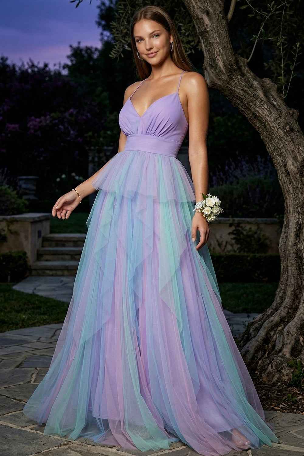 Two Tone Mesh Ruffle Prom Dress
