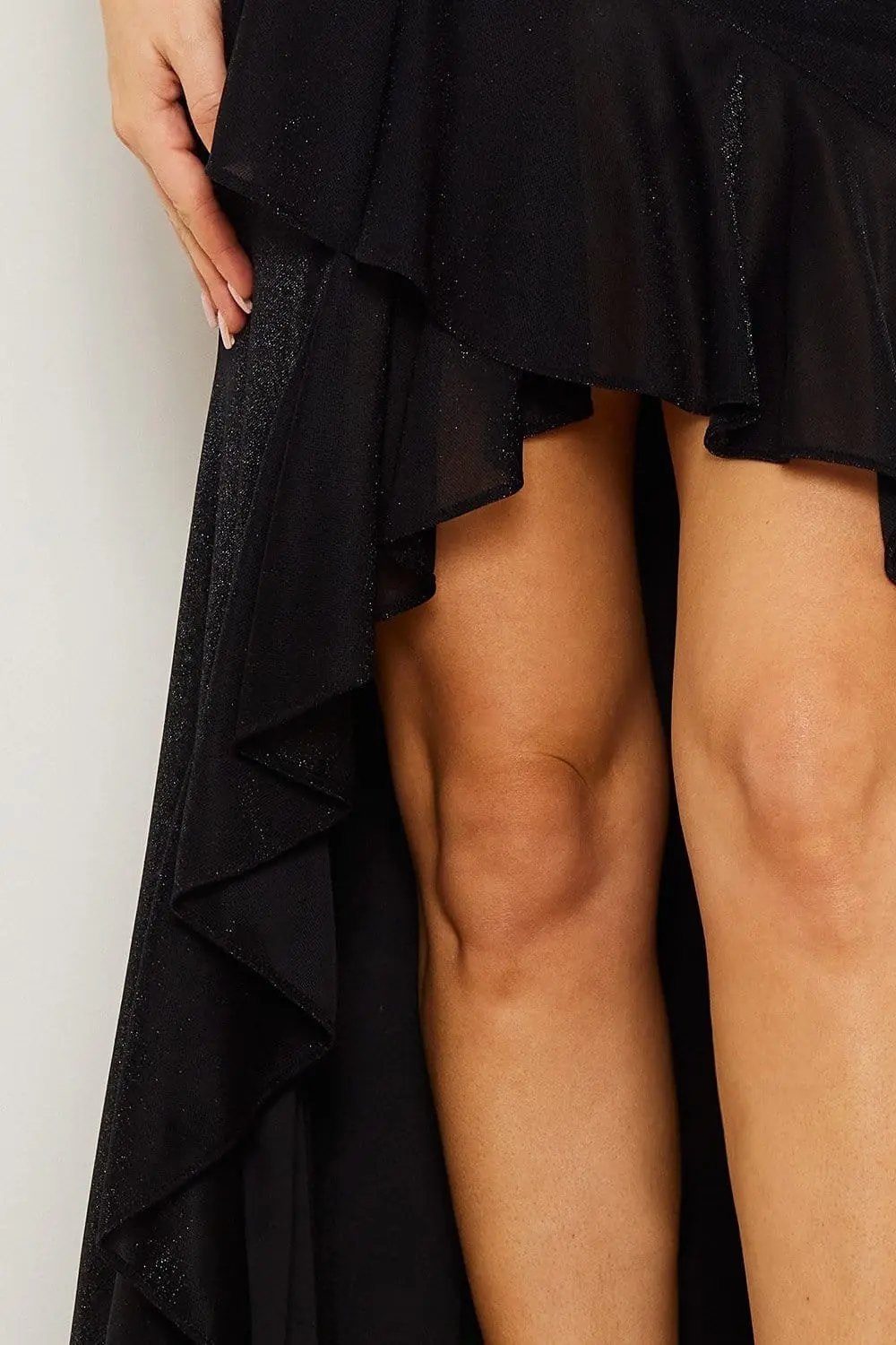 Shimmer Maxi Dress - Ruffle Draped Evening Gown With Open Back BOUTINIE