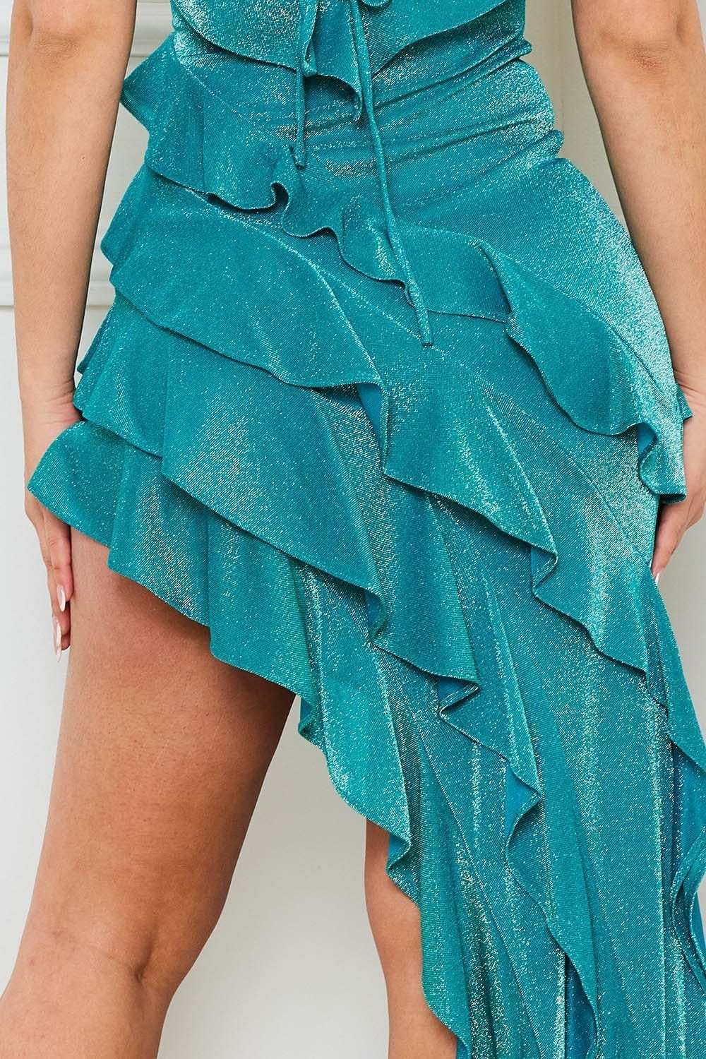 Off Shoulder Maxi Dress | Ruffle Layers & Criss Cross Back BOUTINIE