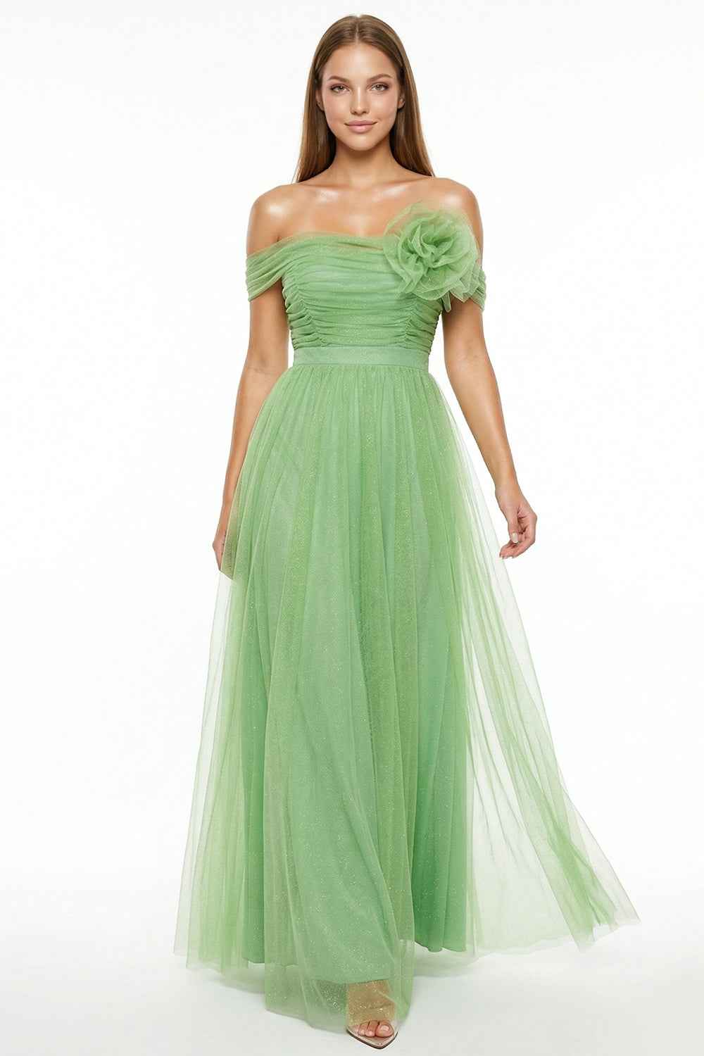 Glitter Mesh Tube Top Prom Dress