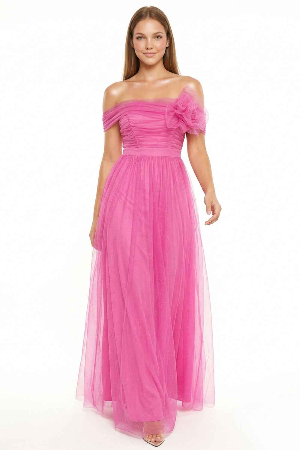Glitter Mesh Tube Top Prom Dress