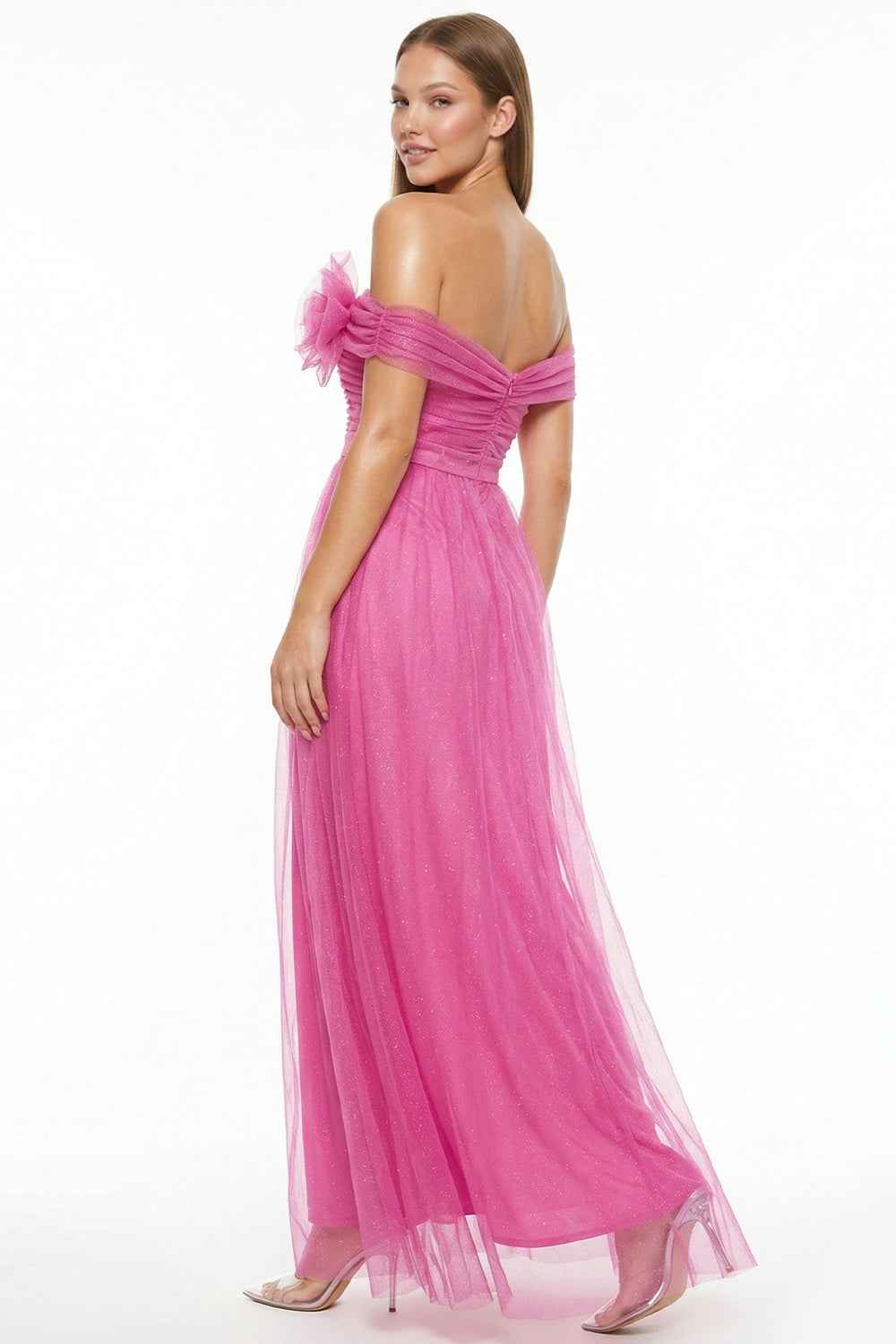 Glitter Mesh Tube Top Prom Dress
