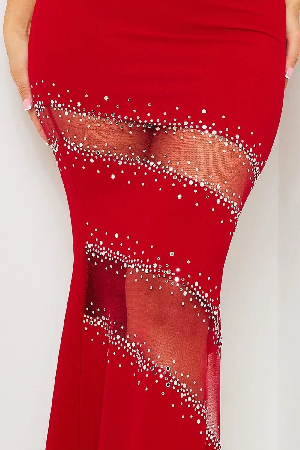 Rhinestone Mesh Maxi Dress - One Shoulder Sheer Mesh Panel BOUTINIE