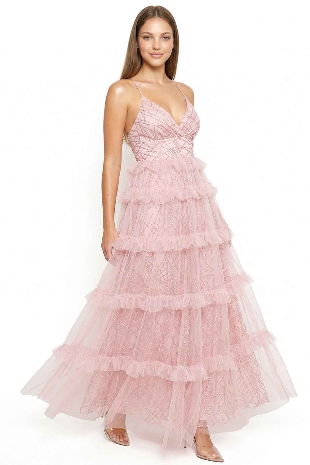 Geo Print Mesh Layered Prom Dress