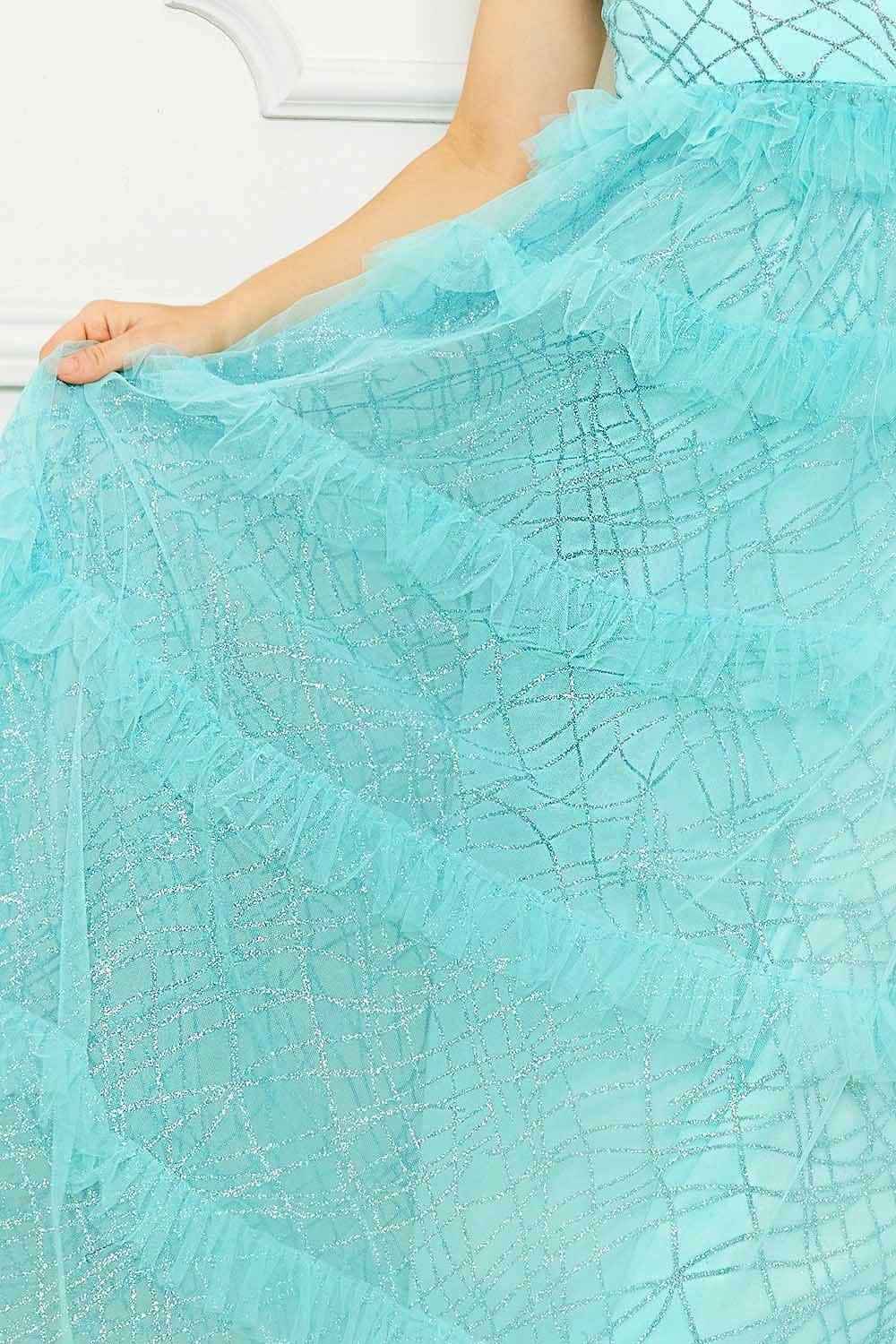 Geo Print Mesh Layered Prom Dress