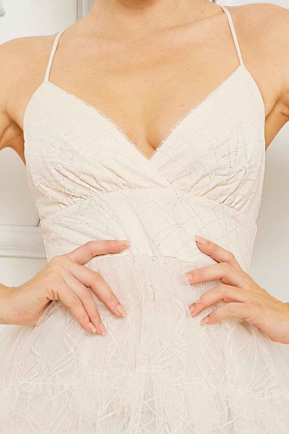 Geo Print Mesh Layered Prom Dress