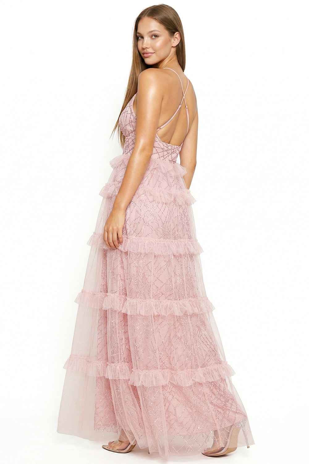 Geo Print Mesh Layered Prom Dress