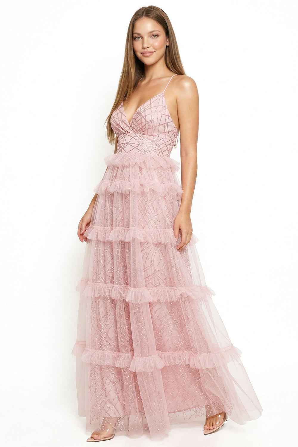 Geo Print Mesh Layered Prom Dress